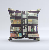 Vintage Bookcase V2 Ink-Fuzed Decorative Throw Pillow - Ink and Latte