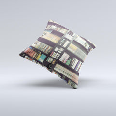 Vintage Bookcase V2 Ink-Fuzed Decorative Throw Pillow - Ink and Latte