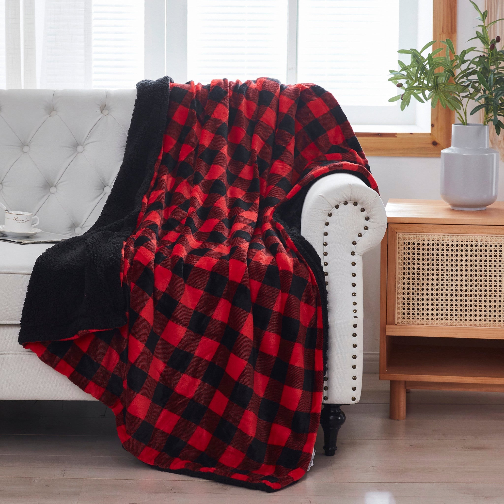 Buffalo Red and Black Reversible Velvet And Sherpa Throw Blanket - Ink and Latte