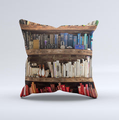 Vintage Bookcase V1 Ink-Fuzed Decorative Throw Pillow - Ink and Latte