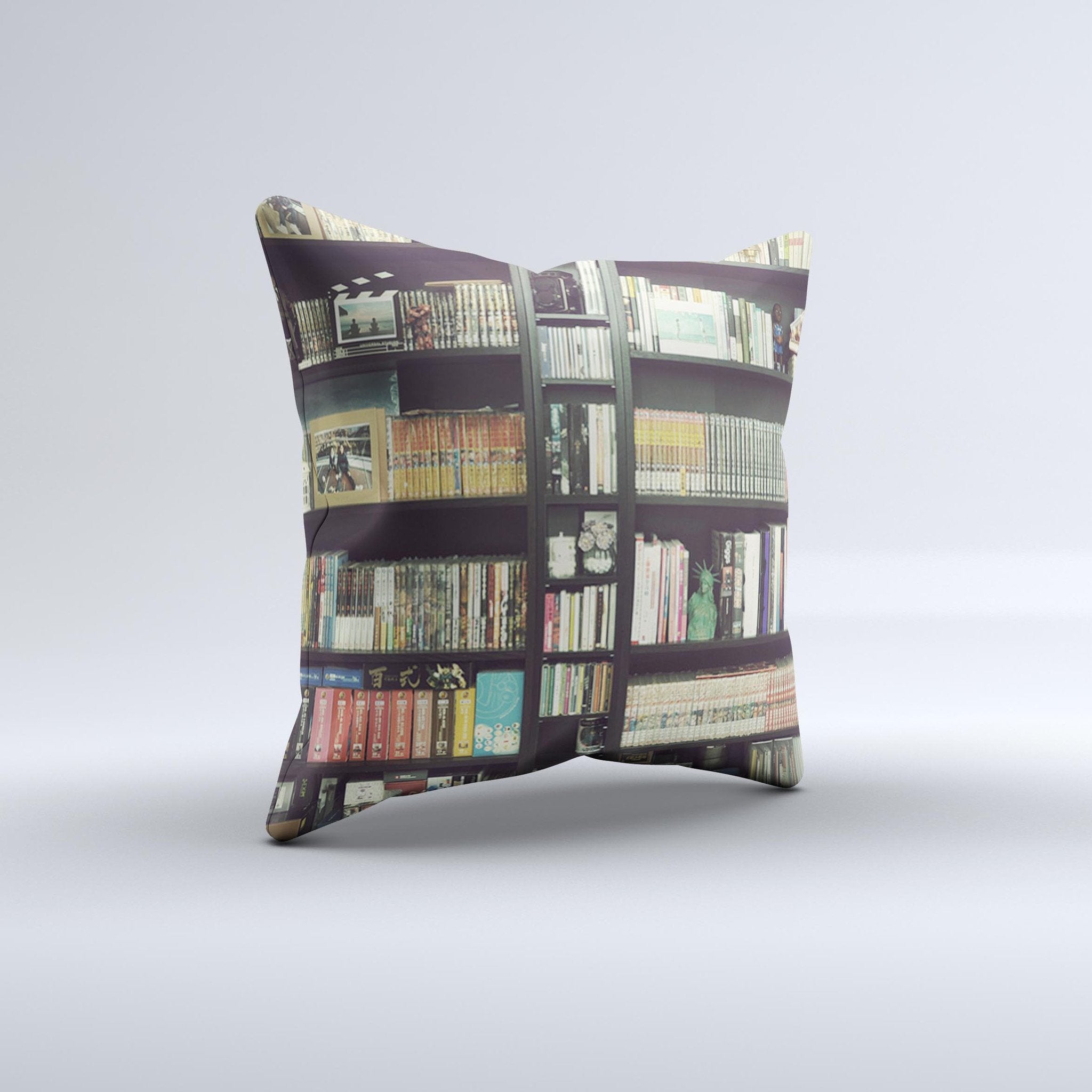 Vintage Bookcase V2  Ink-Fuzed Decorative Throw Pillow - Ink and Latte
